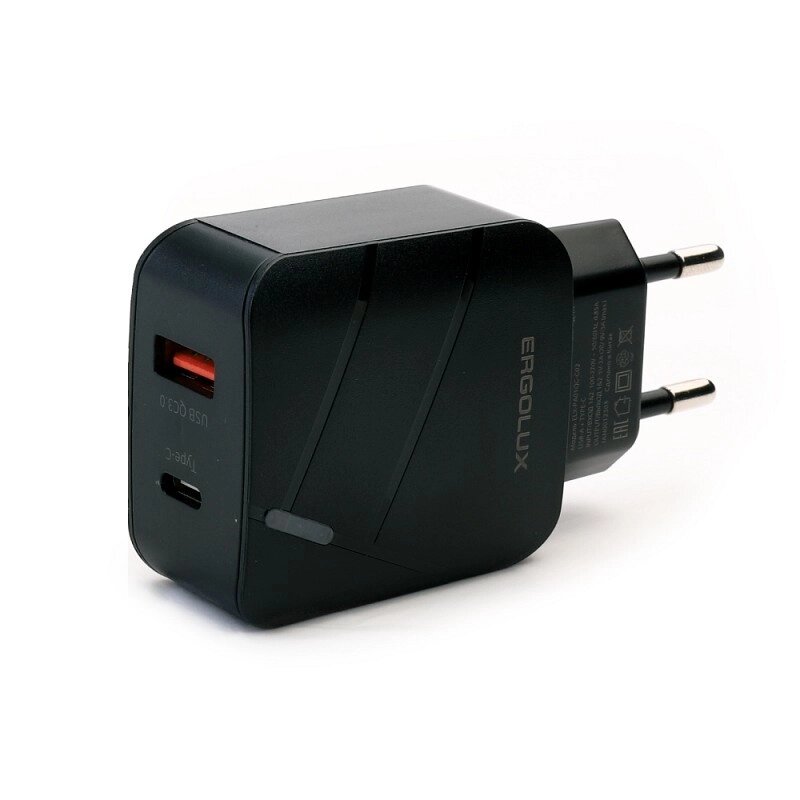 Зарядное устройство Ergolux USB+Type-C Black ELX-PA01QC-C02 от компании Admi - фото 1