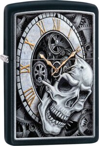 Зажигалка ZIPPO Skull Clock с покрытием Black Matte, латунь/сталь, чёрная, матовая, 36x12x56 мм