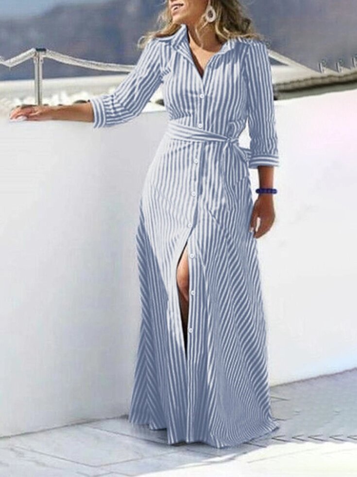 Женщины 100% хлопок Классический полосатый принт с лацканами спереди на шнуровке Повседневный Рубашка Платье от компании Admi - фото 1