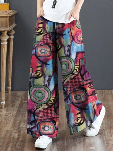 Женщины 100% хлопок Расклешенные широкие брюки с цветочным принтом в стиле ретро с боковыми карманами Брюки