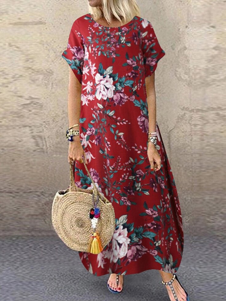 Женщины 100% хлопок с круглым вырезом и цветочным принтом для отдыха Платье с боковыми карманами от компании Admi - фото 1