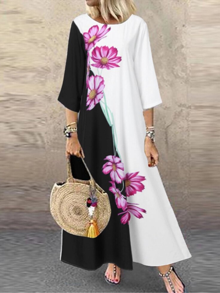Женщины контрастного цвета с цветочным принтом и круглым вырезом повседневное макси с рукавами 3/4 Платье от компании Admi - фото 1