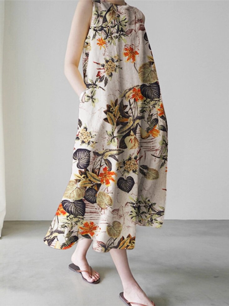 Женщины Растение Свободное макси без рукавов с цветочным принтом Платье С боковым карманом от компании Admi - фото 1