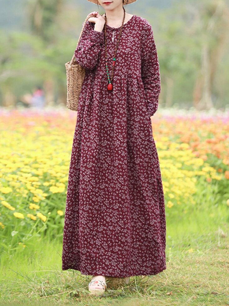 Женщины с цветочным принтом O-образным вырезом с длинным рукавом Bohemian Holiday Maxi Платье с карманом от компании Admi - фото 1