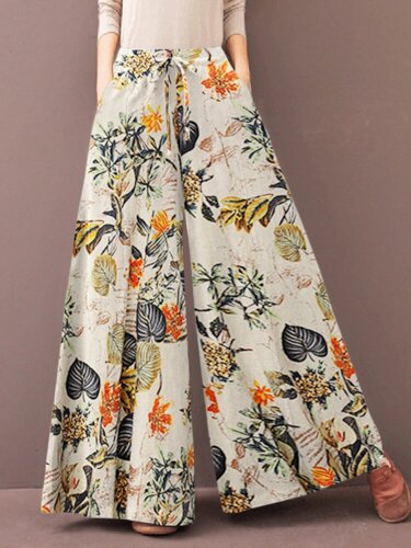 Женщины Винтаж Цветочный принт Растение Шнурок с широкими штанинами Брюки С карманом