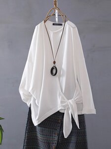 Женская блузка в стиле ретро с круглым вырезом и длинным рукавом с нерегулярным краем