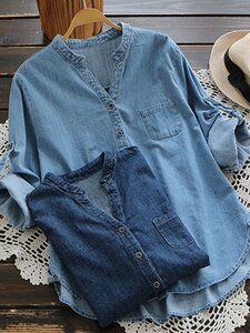 Женская повседневная Кнопки джинсовая блузка с регулируемым рукавом