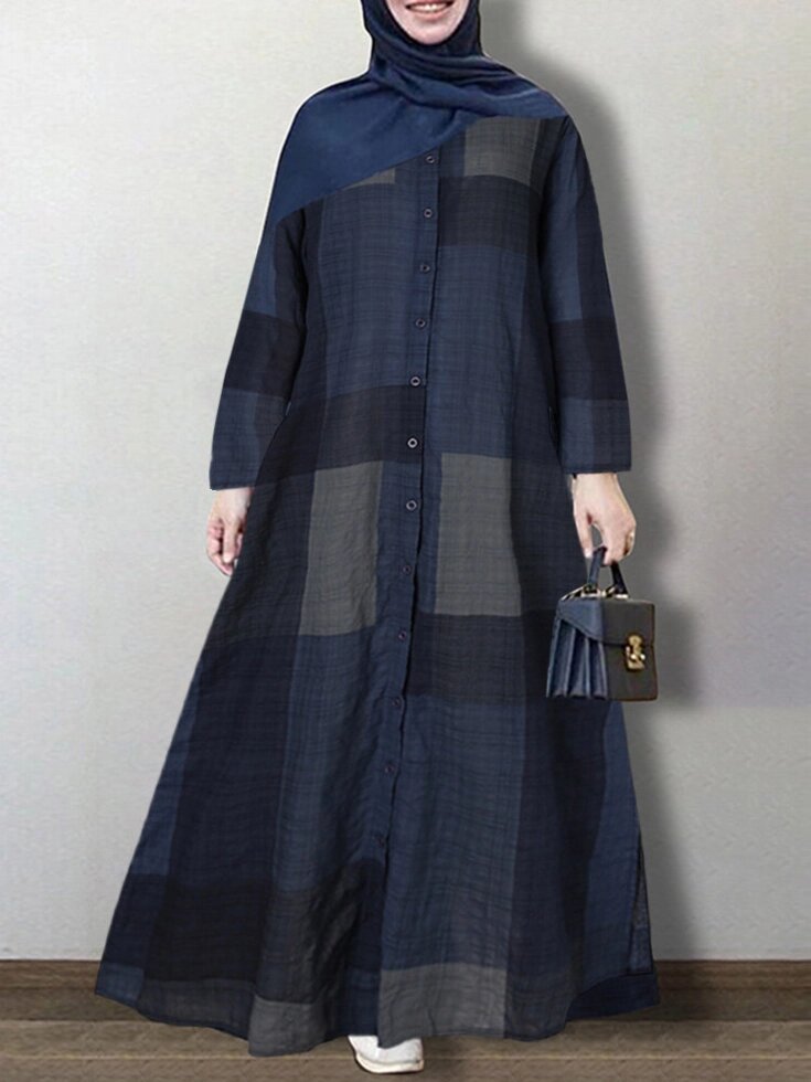 Женские повседневные клетчатые отворотом с длинным рукавом на пуговицах Винтаж Рубашка Макси-платья с карманом от компании Admi - фото 1
