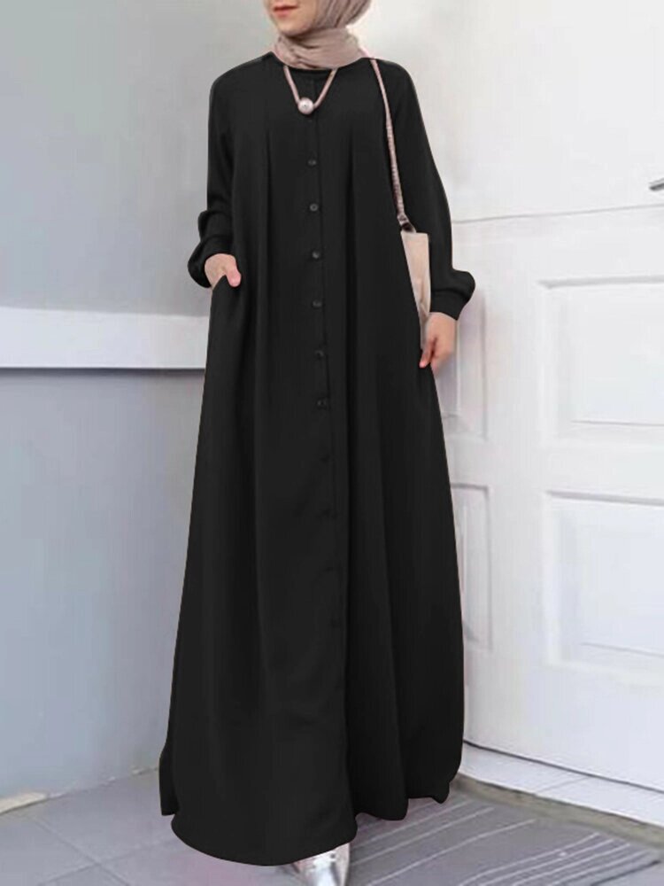 Женский кафтан на пуговицах Халат с длинным рукавом Рубашка Макси-платья с карманом от компании Admi - фото 1