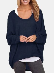 Женский круглый рукав «летучая мышь» Шея Свободный однотонный пуловер Plus Размер Повседневная футболка Рубашка