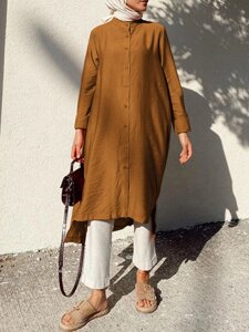 Женское однотонное колено Длина Кафтан на пуговицах с длинным рукавом и высоким низом Халат Рубашки