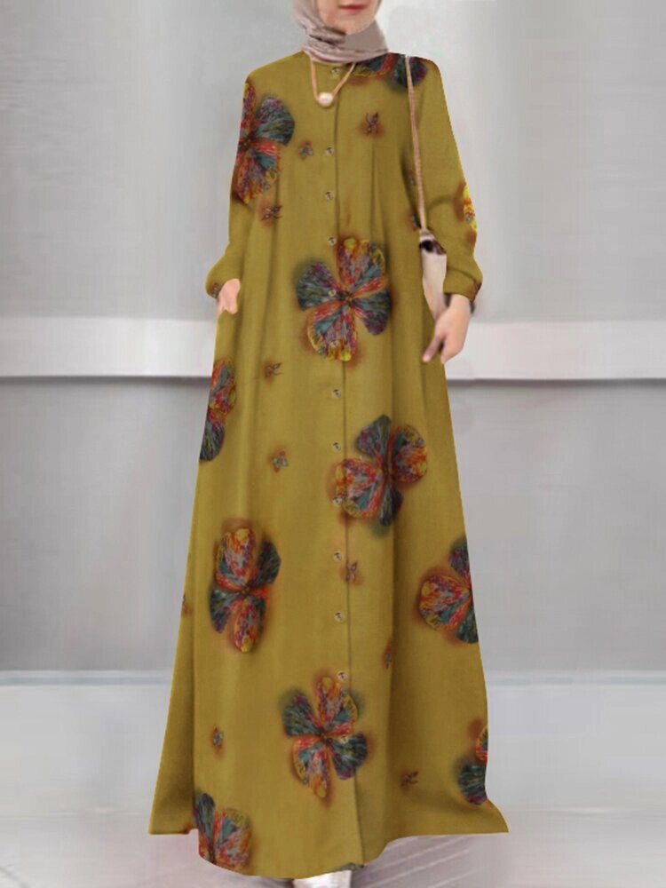 Женское праздничное платье трапециевидной формы с цветочным принтом на пуговицах с длинным рукавом и мусульманским плать от компании Admi - фото 1