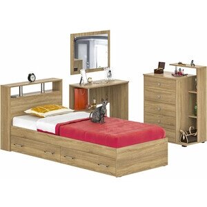 Комплект мебели СВК Камелия спальня № 14 кровать 90х200 с ящиками, косметический стол с зеркалом, комод, дуб сонома (1024055)