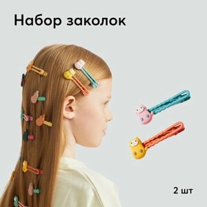 40064, Набор заколок для волос детский Happy Baby заколка зажим, с котиками, набор для девочки 2шт, оранжевый, зеленый