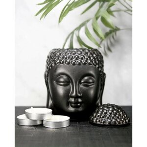 Аромалампа для эфирных масел Будда, керамика, матовая, черная, 13 см + 3 чайные свечи