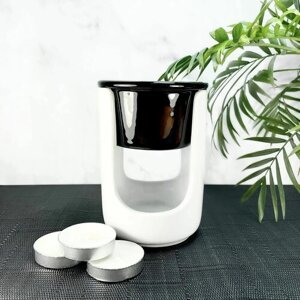 Аромалампа для эфирных масел Эстет, керамика, черно-белая, 11 см + 3 чайные свечи