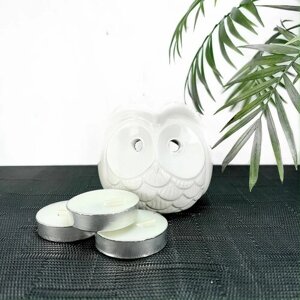Аромалампа для эфирных масел Совушка, керамика, белая, 7,5 см + 3 чайные свечи