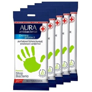 Aura Салфетки влажные, антибактериальные 5 упаковок по 20 салфеток