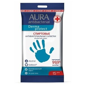 Aura Влажные салфетки Derma Protect спиртовые антибактериальные, 15 шт.
