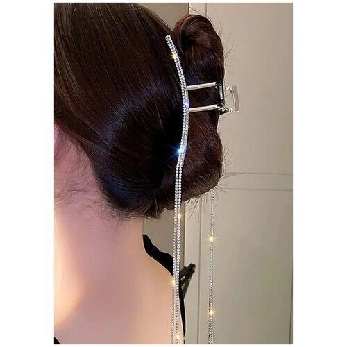 Блестящий краб-зажим для волос с квадратной дугой со стразами и кисточками, цвет серебристый