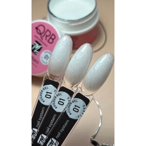Builder gel 01 flakes QRB nail system \ Гель для наращивания, укрепления ногтей средней вязкости молочный с хлопьями, с мерцанием, с блестками 15 гр