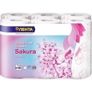 Бумага туалетная лента 2 слоя с ароматом сакуры, белая с розовым тиснением, 12шт - 4 упаковки