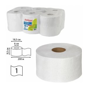 Бумага туалетная любаша (Система T2) 1-слойная 12 рулонов по 200 метров, комплект 3 шт, отбеленная, 124546