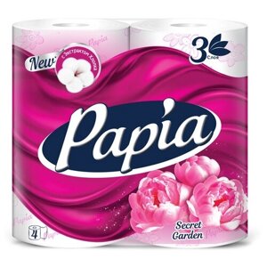 Бумага туалетная Papia "Secret Garden", 3х-слойн, 4шт, ароматизир, розов. тиснение, белый
