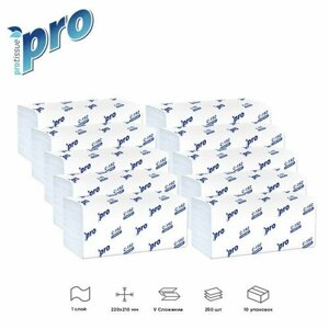 Бумажные полотенца листовые 1 слойные, белые, V-сложения "PROtissue" Comfort, 10 упаковок по 250 листов размером 22х21 см