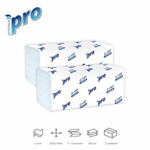 Бумажные полотенца листовые 2 слойные, белые, V-сложения "PROtissue" Premium, 2 упаковки по 200 листов размером 22х21 см
