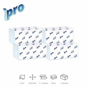 Бумажные полотенца листовые 2 слойные, белые, V-сложения "PROtissue" Premium, 4 упаковки по 200 листов размером 22х21 см