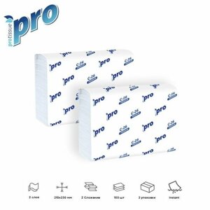 Бумажные полотенца листовые 2 слойные, белые, Z-сложения "PROtissue" Premium, 2 упаковки по 150 листов, размером 21х23 см