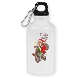 Бутылка с карабином CoolPodarok "Прикол. С Новым годом! Дед Мороз на велосипеде!