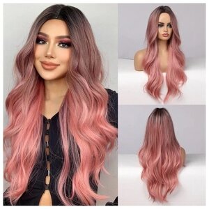 Длинный розовый парик из термостойких волос без челки