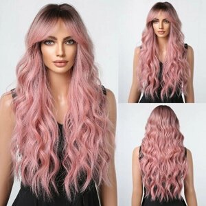 Длинный розовый парик с волнистыми волосами