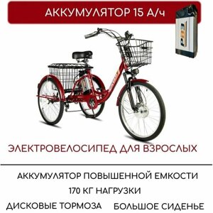 Электровелосипед трехколесный для взрослых РВЗ "Чемпион", 250 15, 24", красный