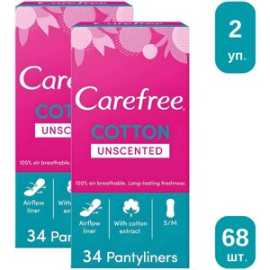 Ежедневные прокладки Carefree СOTTON FEEL UNSCENTED, женские гигиенические 100% дышащие, мягкие, 34 штуки, 2 упаковки