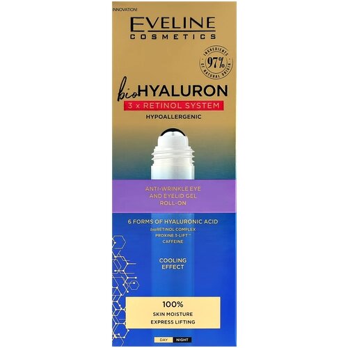 Гель для кожи вокруг глаз EVELINE BIOHYALURON 3XRETINOL SYSTEM роликовый с гиалуроновой кислотой и ретинолом 15 мл