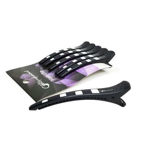 Gera Professional Зажим для волос, цвет черный с белой силиконовой вставкой, 6 шт/уп