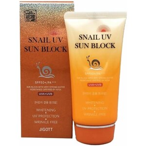 Jigott Крем солнцезащитный для лица с муцином улитки SPF50+ PA Snail UV Sun Block Cream, туба 70 мл в футляре