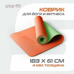 Коврик для йоги и фитнеса STARFIT FM-201, TPE, 183x61x0,4 см, оранжевый/зеленый с шнурком для переноски
