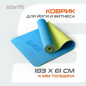 Коврик для йоги и фитнеса STARFIT FM-201, TPE, 183x61x0,4 см, синий/лайм с шнурком для переноски