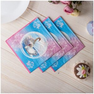 Красивые свадебные салфетки из бумаги для сервировки банкета "Лебеди" в розовой и голубой гамме, с белыми лебедями и узорами, 3 пачки