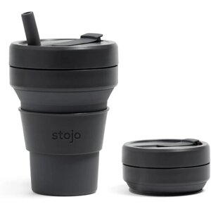 Многоразовый складной стакан STOJO с крышкой для кофе с собой из пищевого силикон , Кружка для кофе 470 мл, цвет Carbon
