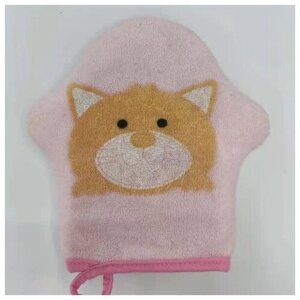 Мочалка-варежка для тела "Water Magic - Котёнок Рэй", цвет розовый, 15*16 см (ZIP пакет)