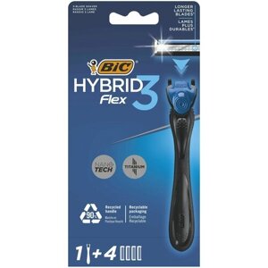 Мужская бритва BIC Hybrid 3 Flex с плавающей головкой, бритвенный станок для мужчин с 4-мя сменными кассетами.