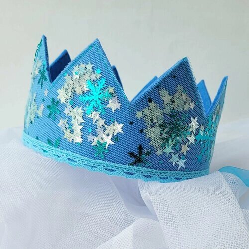 Мягкая корона для девочки, цвет - сине-голубой, со снежинками