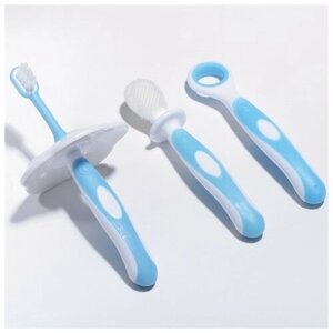 Набор детских зубных щёток-массажеров (силикон/нейлон), с ограничителем, цвет голубой