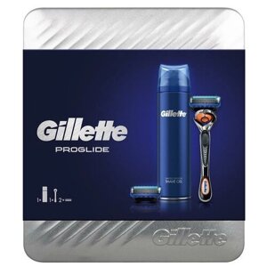 Набор Gillette подарочный в металлической коробке: гель для бритья Fusion для чувствительной кожи 200 мл, бритвенный станок ProGlide Flexball, разноцветный