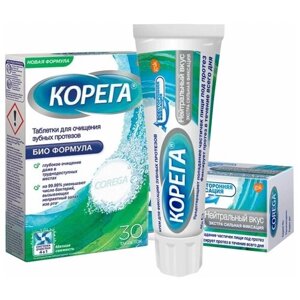 Набор Корега для зубных протезов Таблетки для очистки 30 шт. Крем для фиксации нейтральный 40 гр.